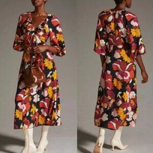 *NWT* Anthropologie Maeve Deep-V Ruched Midi Floral Dress 3/4 Sleeves Size 4